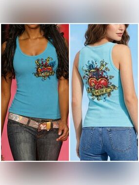 Y2K Ed Hardy-inspired Turquoise Graphic Tank Top Small